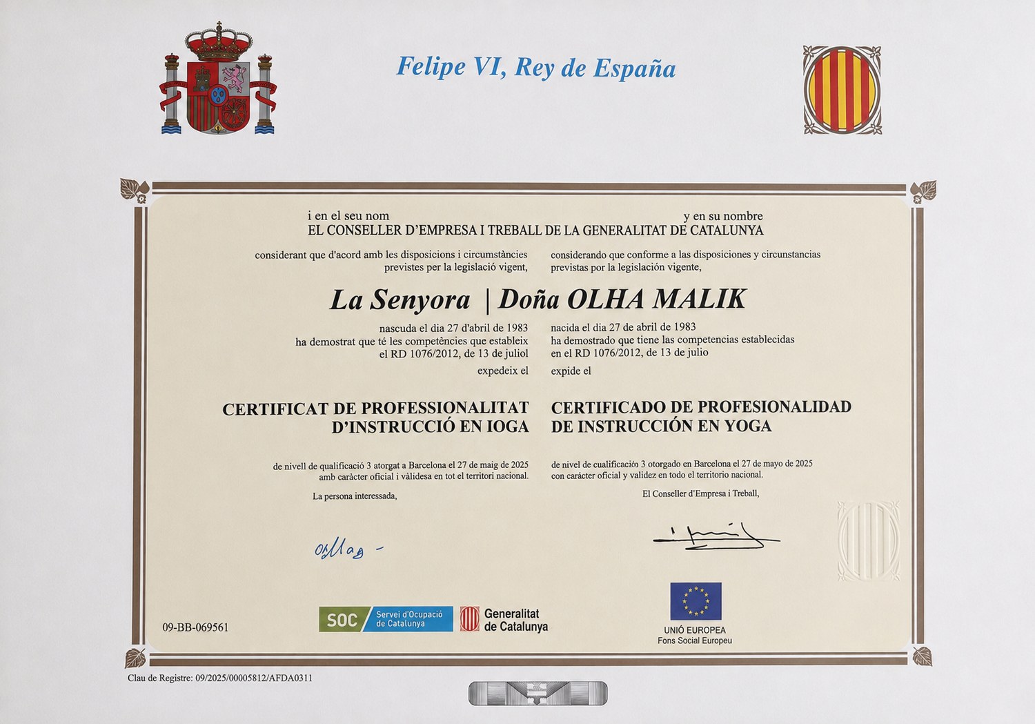 Certificado de Profesionalidad de Instrucción en Yoga issued to Olha Malik by the Generalitat de Catalunya, Barcelona, 2025