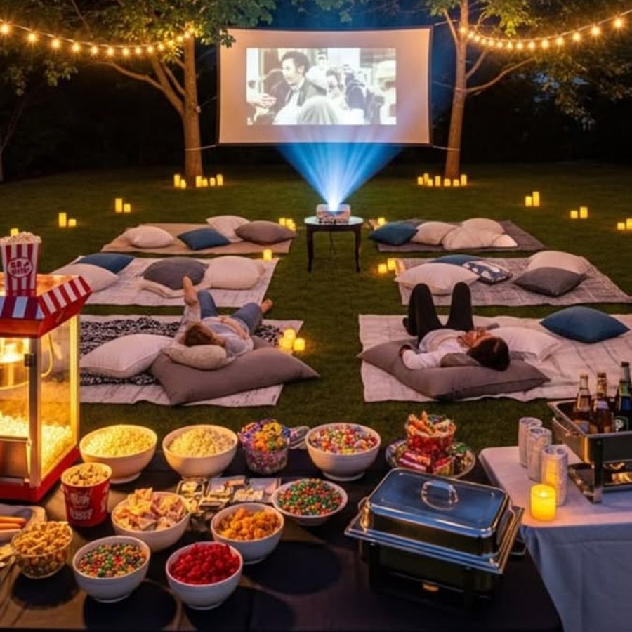 Open-air screen and string lights over cushions at dusk