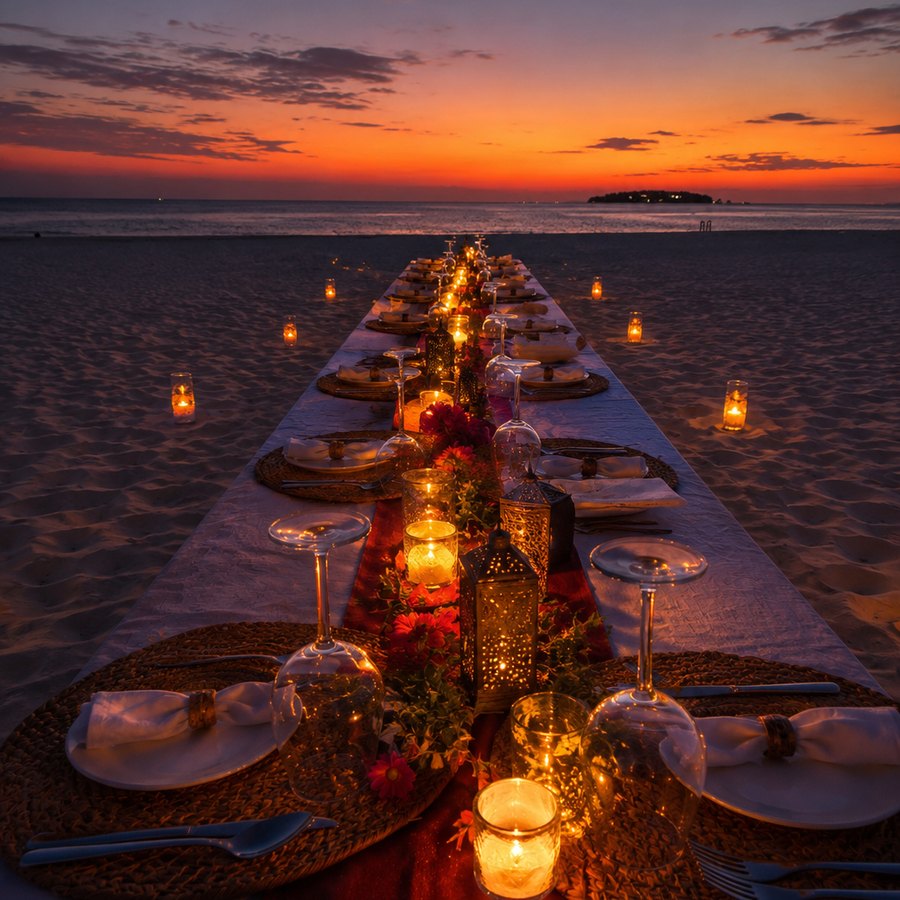 A long candlelit table on the sand at dusk, running towards the sunset over the water